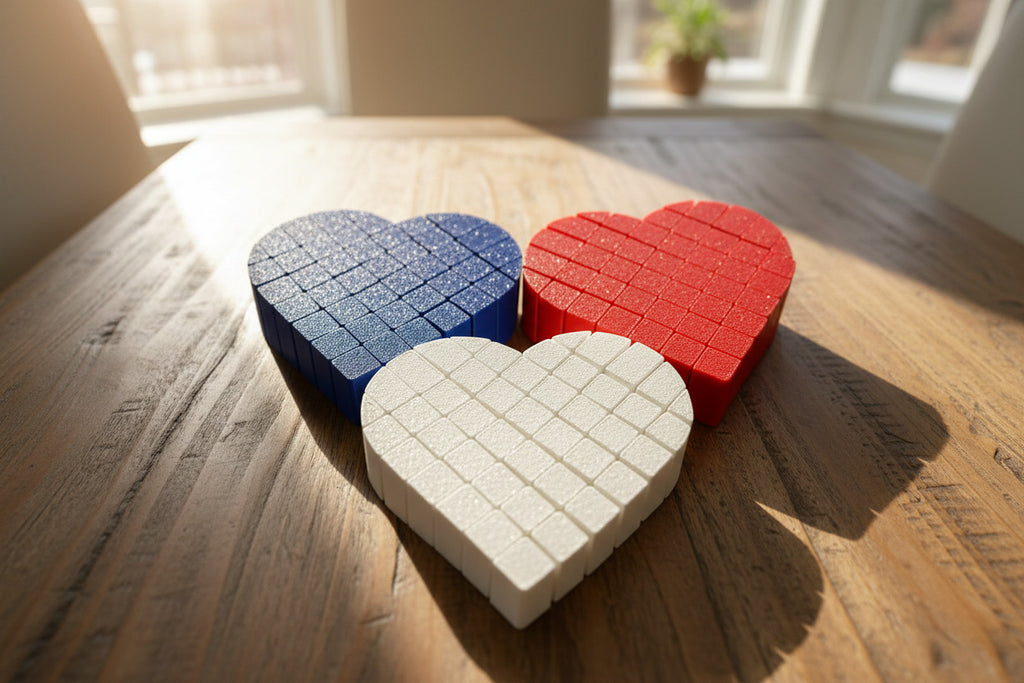 red blue white fidget hearts