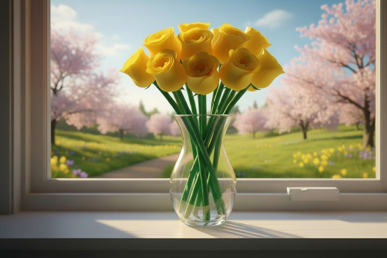 1 Dozen 3D PRINTED Yellow ROSES with Stems - Free Shipping