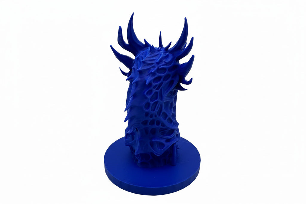 Blue 3D-printed sculpture on a white background
